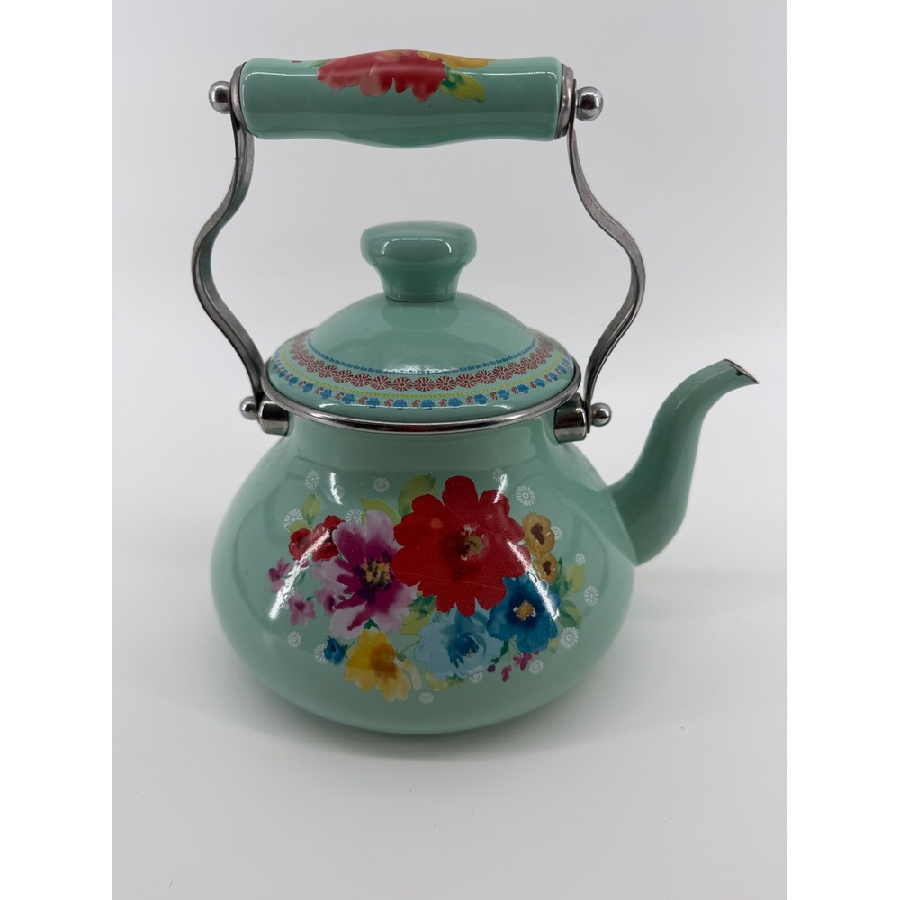 The Pioneer Woman Breezy Blossom Enamel on Steel Tea Kettle Mint Green Floral